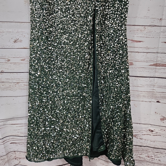 NWT Mac Duggal | Cap Sleeve Green Sequined High Slit Gown - Picture 5 of 10
